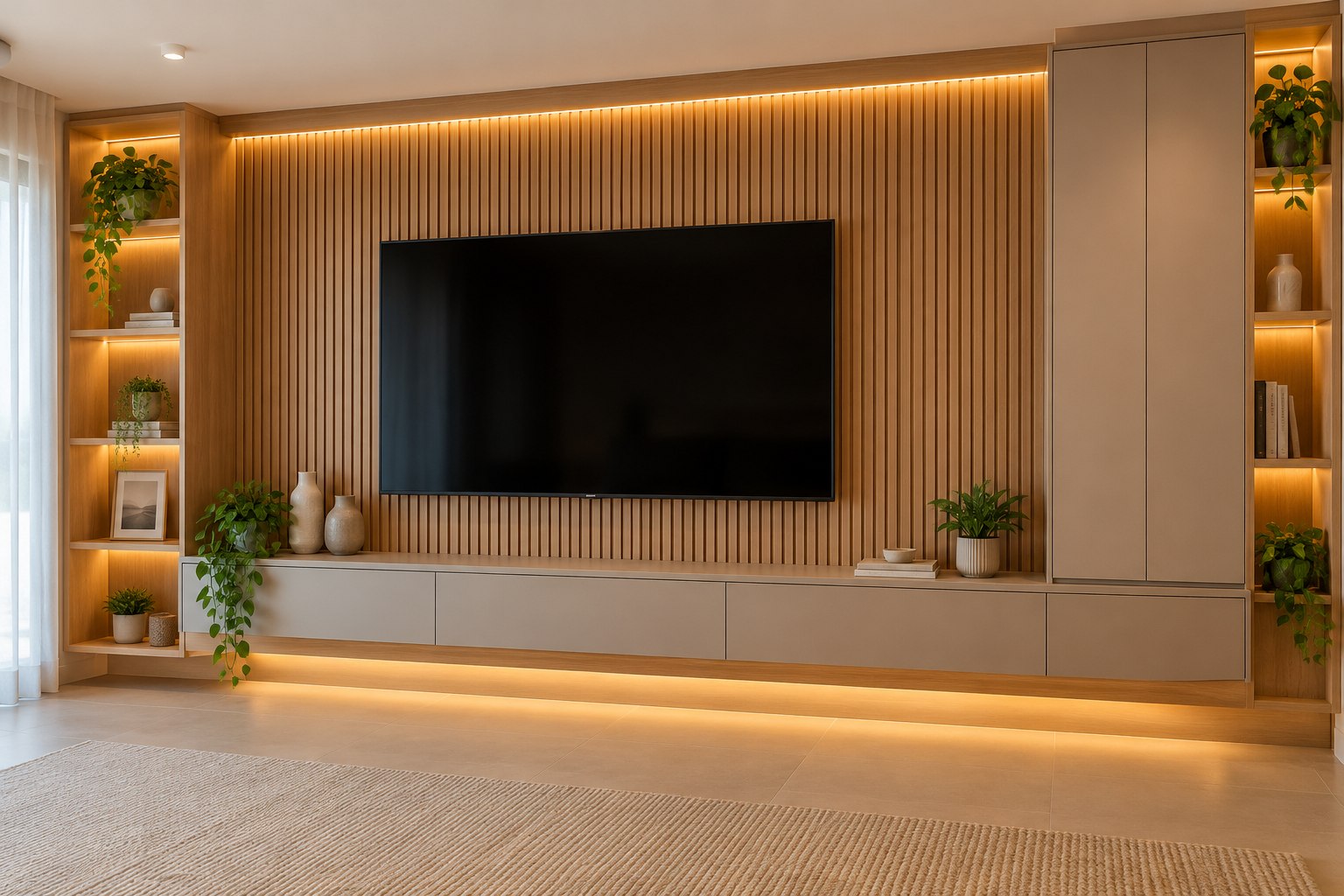 Painel de TV com armários planejados em MDF